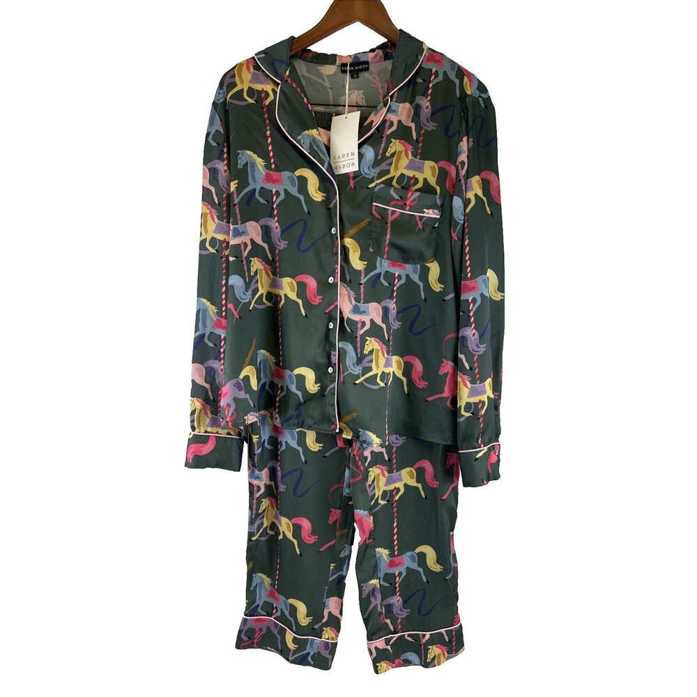 Karen Mabon Carousel Satin Pajama Set Anthropologie Green Whimsy Fun Pants Small